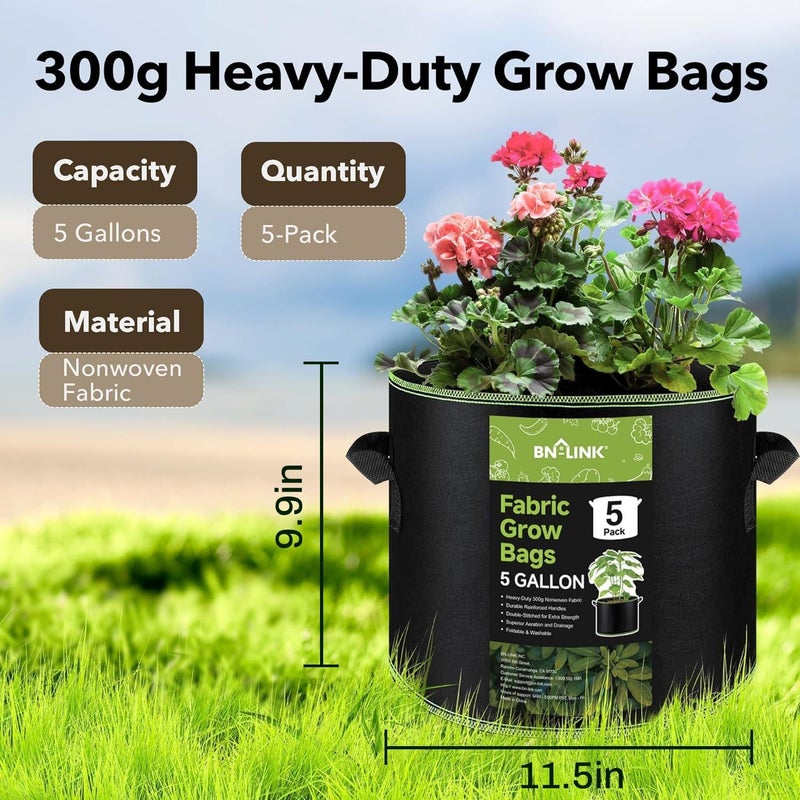 BN-LINK 5-Pack 5 Gallon Grow Bags, Heavy Duty Aeration Fabric Pots with Handles, Thickened Nonwoven Plant Bags for Vegetables, Flowers, Fruits - Image 4